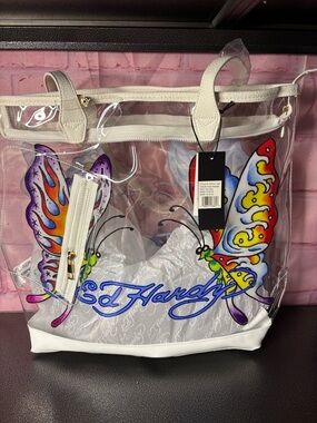 Ed Hardy Clear Tote with Multicolor Butterfly Art and White Trim